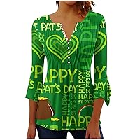 Happy St Patrick's Day Shirts Women 3/4 Bell Sleeve Green Irish Shamrock Tunic Tops Pleated Front Henley Blouses