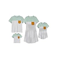PATPAT Family Matching Outfits Mommy and Me Striped Short Sleeve Tshirt Summer Casual Dresses Blue with Pocket and Tshirts