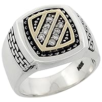 10k Gold & Sterling Silver 2-Tone Men's Diagonal Stripe Design Diamond Ring with 0.17 ct. Brilliant Cut Diamonds, 11/16 inch wide