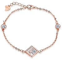 Girl's 925 Sterling Silver Cubic Zirconia Square Hollow L Letter Charm Adjustable Link Bracelets, Rose Gold Plated