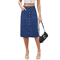 Denim Midi Skirt Women Long Jean High Waisted Skirts Slit Button Down Front Blue A Line Stretch with Pockets