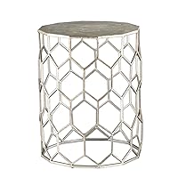 SEI Furniture Clarissa Metal Honeycomb Accent Table, Geometric Style Round Console Table With Faux Leather Top for Living Room, Silver, 13.75 in x 13.75 in x 18.25 in