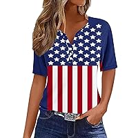 Patriotic Tops for Women American Flag Stars Stripes Print Short Sleeve V Neck Button Up Henley Shirts 4th of July Tee Shirts