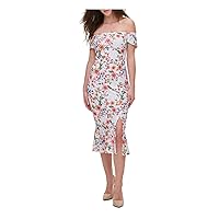 GUESS Womens White Stretch Zippered Lace Slit Flared-Hem Floral Short Sleeve Off Shoulder Midi Cocktail Body Con Dress 2