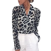 Womens Sexy V Neck Leopard Print Tunic Button Down Relaxed Tops Chiffon Blouses