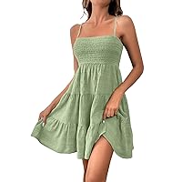 Women Summer Casual Dresses Spaghetti Strap Smocked Mini Dress Sleeveless Ruffle Tiered Flowy Swing a line Short Dress