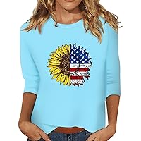 Fourth of July Outfit Women,Women's Fashion Summer Tops Casual 3/4 Sleeve Independence Day Crewneck Pullover Top Blouse