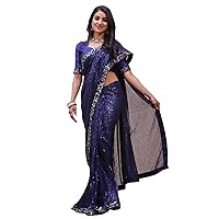 Indian Women Blue Fine Yard Fabric With Full Sequence Work Saree & Blouse Muslim Sari 5020