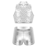 TiaoBug Girls Watersports Two-Piece Swimsuits Sparkly Sequins Cutout Back Crop Top with Shorts Tummy Control Bathing Suit
