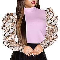 acelyn Women's Elegant Sequin Mesh Sheer Puff Long Sleeve Mock Neck Slim Fit Party Blouse Shirt Top