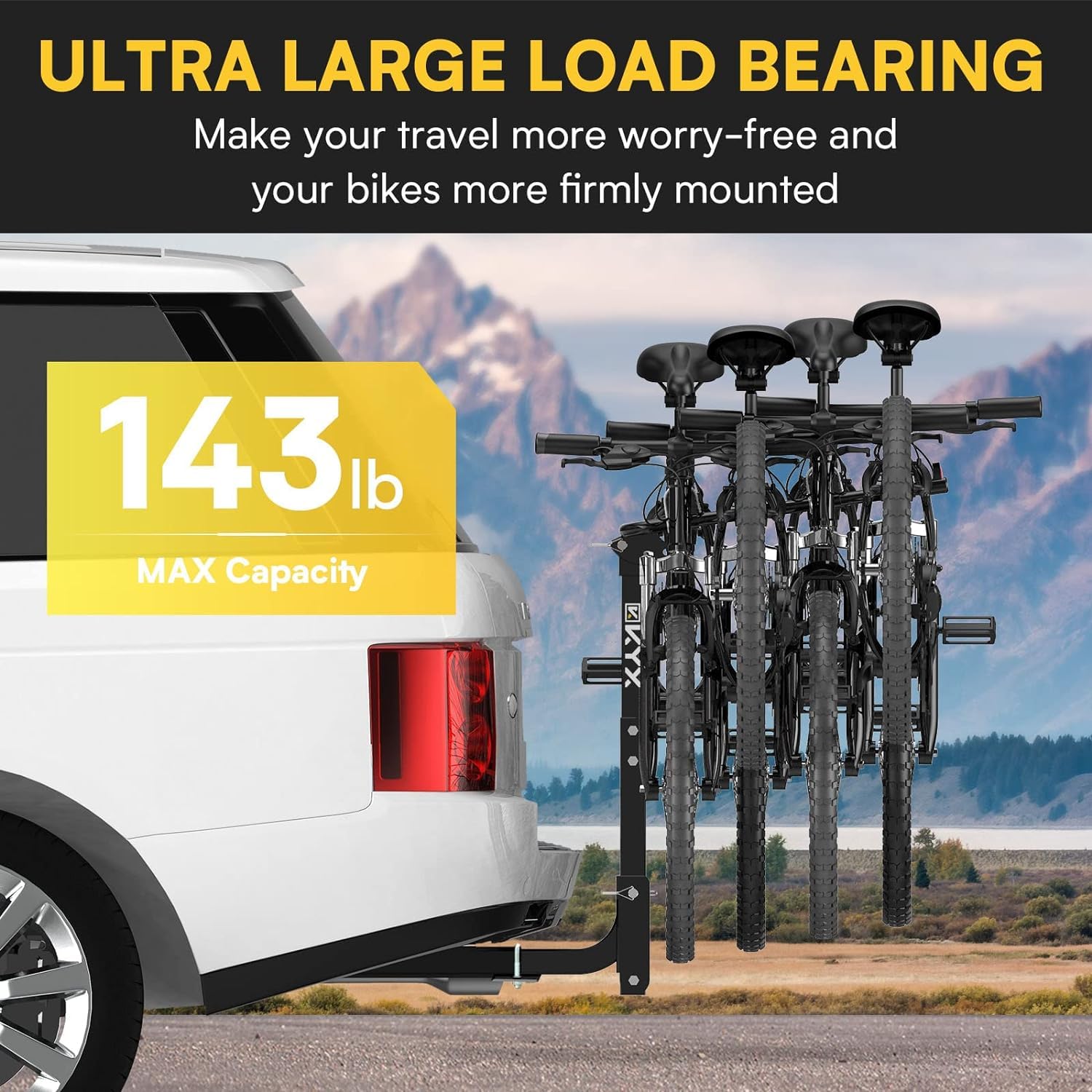 KYX Bike Rack Hitch Mount 4 Bikes, Bike Rack for Car, SUV, RV Up to 143 lbs Load, Bicycle Car Racks Carrier with No-Wobble Bolt and Lock Straps, Tilt Release, Easy Assemble Bike Rack for 2'' Receiver