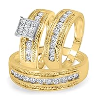 14K Yellow Gold Plated 1 3/4 Ct Round Cut Sim Diamond His & Her Wedding Trio Ring Set