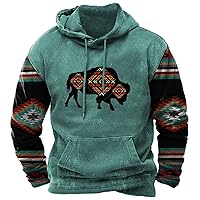 Men's Western Aztec Sweatshirts, Ethnic Print Graphic Patchwork Hoodies Slim Casual Pullover Tops with Drawstring