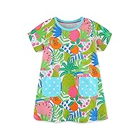 Toddler Girl's Summer Dresses Round Neck Short Sleeve Fruits Printing Sundress with Pocket Casual Skirts