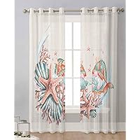 Watercolor Summer Starfish Sheer Curtains 84 Inch Length 2 Panels Set, Grommet Kitchen Curtains Sheer Window Curtain for Living Room Bedroom Privacy Drapes Mermaid Gnomes Shell Rustic Burlap