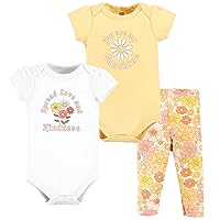 Hudson Baby baby-girls Unisex Baby Cotton Bodysuit and Pant Set, Peace Love Flowers, 3-6 Months