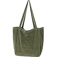 WantGor Large Corduroy Tote Bag, Women Shoulder Handbags Casual Travel Hobo Bag Zipper Shopping Work Bags (Army Green)