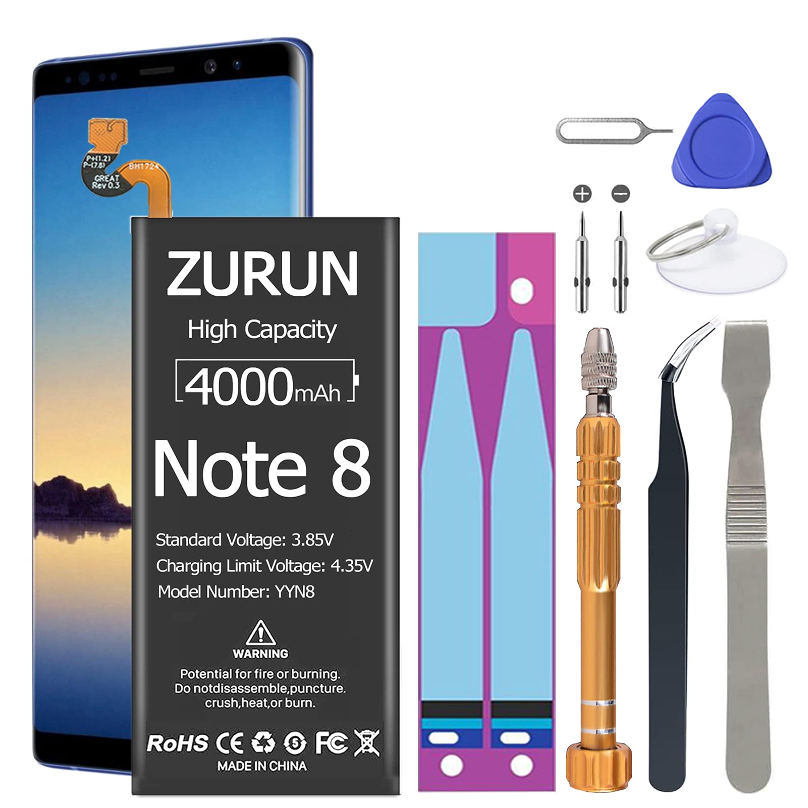 Galaxy Note 8 Battery ZURUN 4000mAh Li-Polymer Battery EB-BN950ABE Replacement for Samsung Galaxy Note 8 SM-N950 N950V N950A N950T N950P N950R4 N950F with Screwdriver Tool Kit