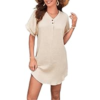 Solid Batwing Sleeve Curved Hem Dress - Casual V Neck Button Tunic