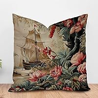 ArogGeld Antique Asian Scenic Sailing Boat Cushion Cover Pink Vintage Flower Chinoiserie Throw Pillow Cover Chinoiserie Chic Asian Double Side Euro Sham Pillow for Sofa 24x24in White Linen