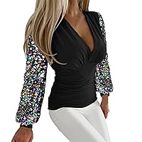 Womens Long Sleeve Sequin Tops Casual V Neck Glitter Print Slim Fit Sparkly Pullover Top Evening Party Shirts Blouse
