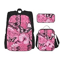 Pinks Butterfly Seamless Tile Print 3 In 1 Set With Lunch Box Pencil Bag Casual Backpack Set For Gym Beach Travel