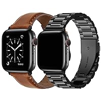 Fullmosa Compatible Leather Apple Watch Band 41mm/40mm/38mm Brown with Black Buckle & Compatible Metal iWatch Band with case 41mm/40mm/38mm,Black
