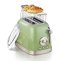Toaster Retro 2 Slice, Vintage Toaster, Green Toaster, With Stainless Steel Lid, With Bread Attachment, Preheat, Defrost And Cancel Functions, 6 Browning Levels (Green)