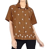 LA LEELA Women's Summer Casual Blouse Shirt Tshirts Short Sleeve Button Up Dress Tops Tee Shirts Hawaiian Blouses for Women XL Plus-Size Tiny Palm, Autumn Brown