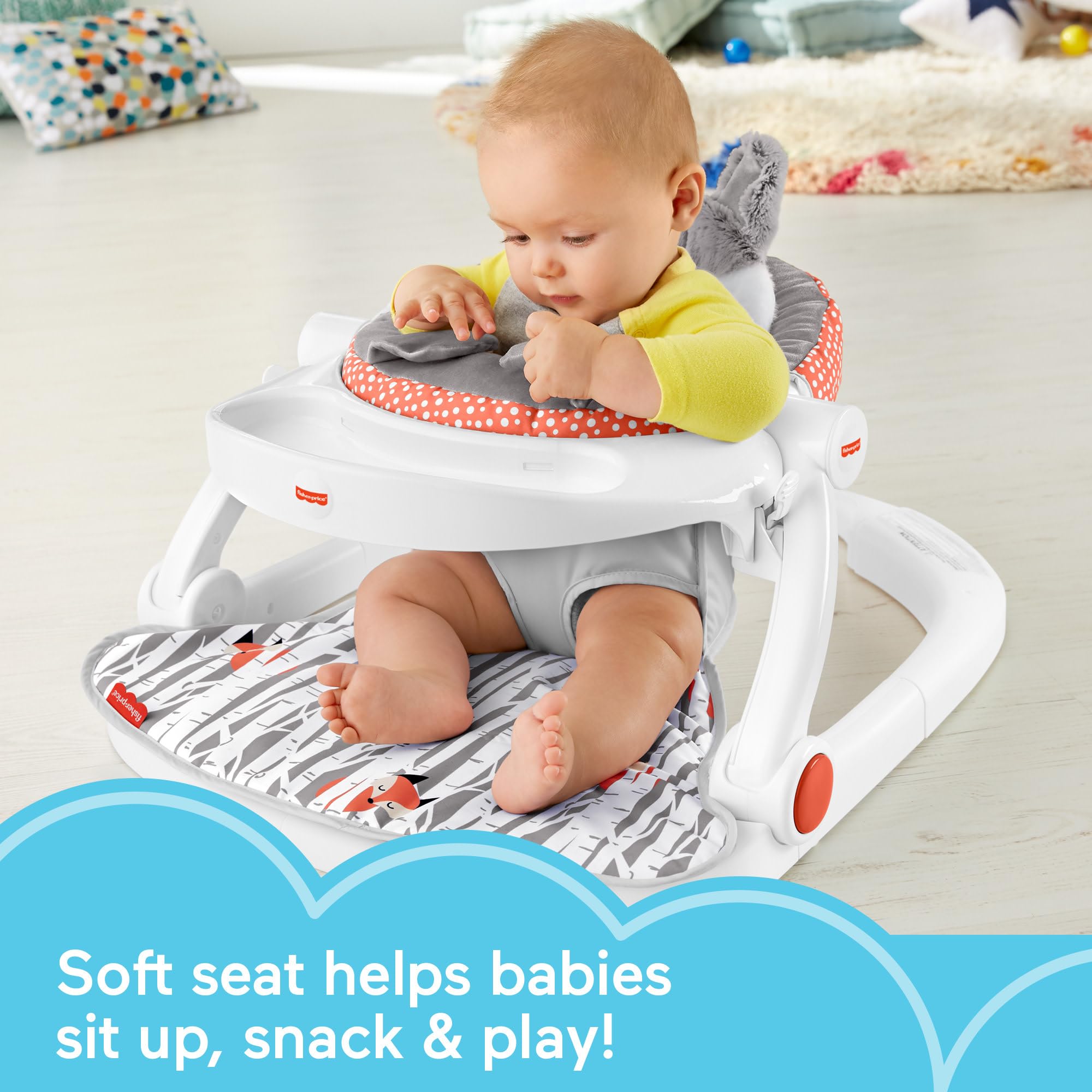 Fisher-Price Baby Portable Baby Chair Premium Sit-Me-Up Floor Seat with Snack Tray and Toy Bar,Plush Seat Pad, Peek-a-Boo Fox