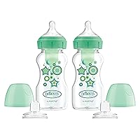 Dr. Brown’s Natural Flow® Anti-Colic Options+™ Wide-Neck Sippy Bottle Starter Kit, 9oz/270mL, with Level 3 Medium-Fast Flow Nipple and 100% Silicone Soft Sippy Spout, 2 Pack, Green, 6m+