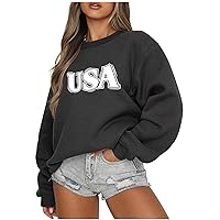 Women Casual Shirts USA Sweatshirt Casual Loose Blouse Tops Round Neck Fleece Pullover Loose Fitting Sweater Shirt