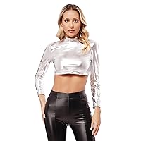 YiZYiF Womens Metallic Liquid Mock Turtleneck Crop Top Shiny Long Sleeve Tank Top T-Shirt Clubwear