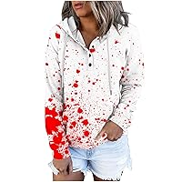 Halloween Sweatshirt Women Blood Splattered All Over Hoodie Button Collar Drawstring Hooded Pullover with Pocket