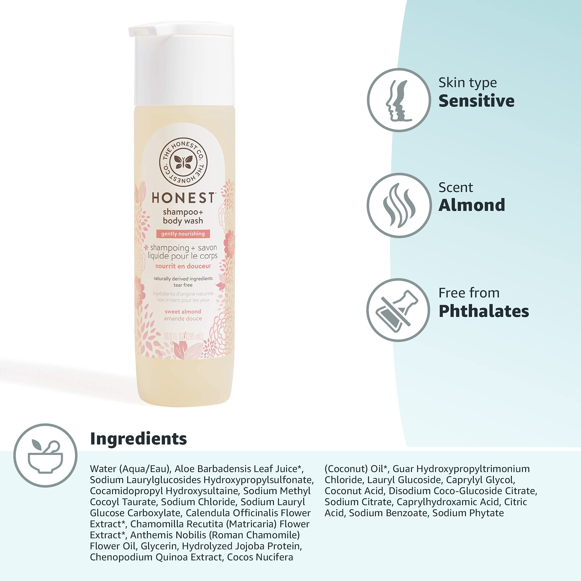The Honest Company 2-in-1 Cleansing Shampoo + Body Wash | Gentle for Baby | Naturally Derived, Tear-free, Hypoallergenic | Sweet Almond Nourish, 10 fl oz