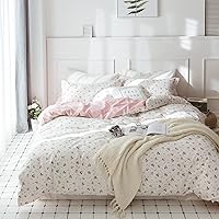 VClife Queen Cotton Duvet Cover Pink White Floral Bedding Sets, Vintage Style Flower Branches Pattern Duvet Covers with Zipper Closure- 1 Duvet Cover and 2 Pillow Covers, Breathable Lightweight