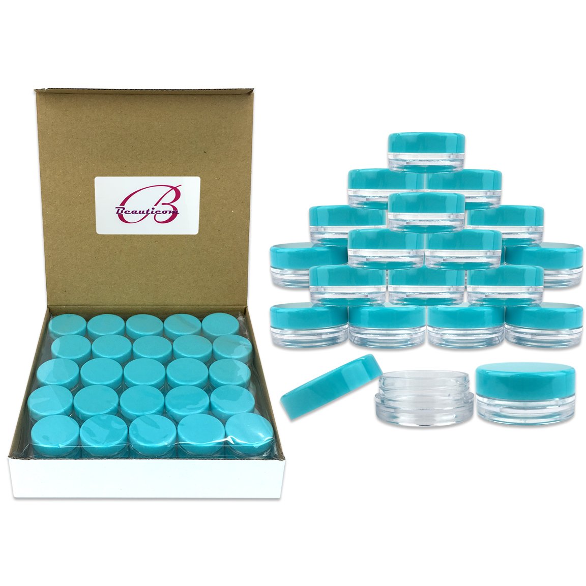 (100 Pieces Jars + Lid) Beauticom 3G/3ML Round Clear Jars with Teal Sky Blue Screw Cap Lids for Scrubs, Oils, Toner, Salves, Creams, Lotions, Makeup Samples, Lip Balms - BPA Free