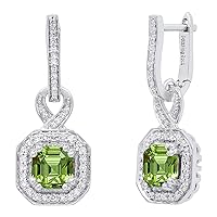 Dazzlingrock Collection 18K 6.5 MM Asscher Gemstone & Round White Diamond Ladies Halo Dangling Drop Earrings, White Gold