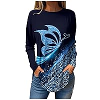 Dressy Tops for Women,Womens Geometric Print Long Sleeve Blouse Oversized Round Neck Loose Fit Shirts for Leggings