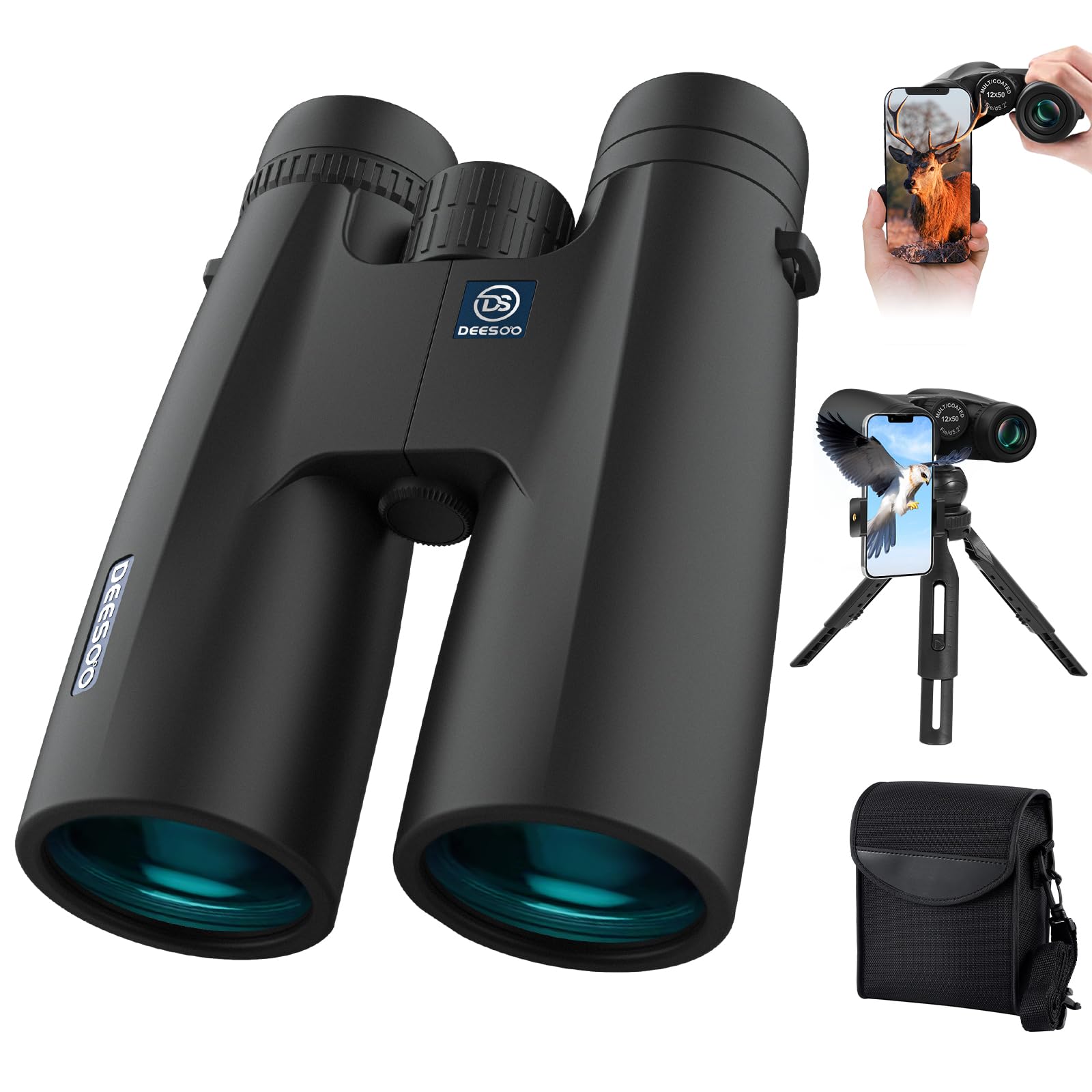 12X50 Professional HD Binoculars for Adults with Phone Adapter and Foldable Tripod - High Power Binoculars with Large View - Super Bright Waterproof Binoculars for Bird Watching Hunting Stargazing