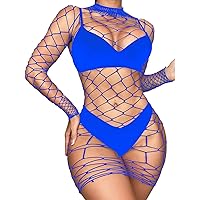 YiZYiF Womens Fishnet Bodycon Mini Dress Mock Neck Hollow Out Nightdress Mesh Sheer Club Party Dress Royal Blue One Size