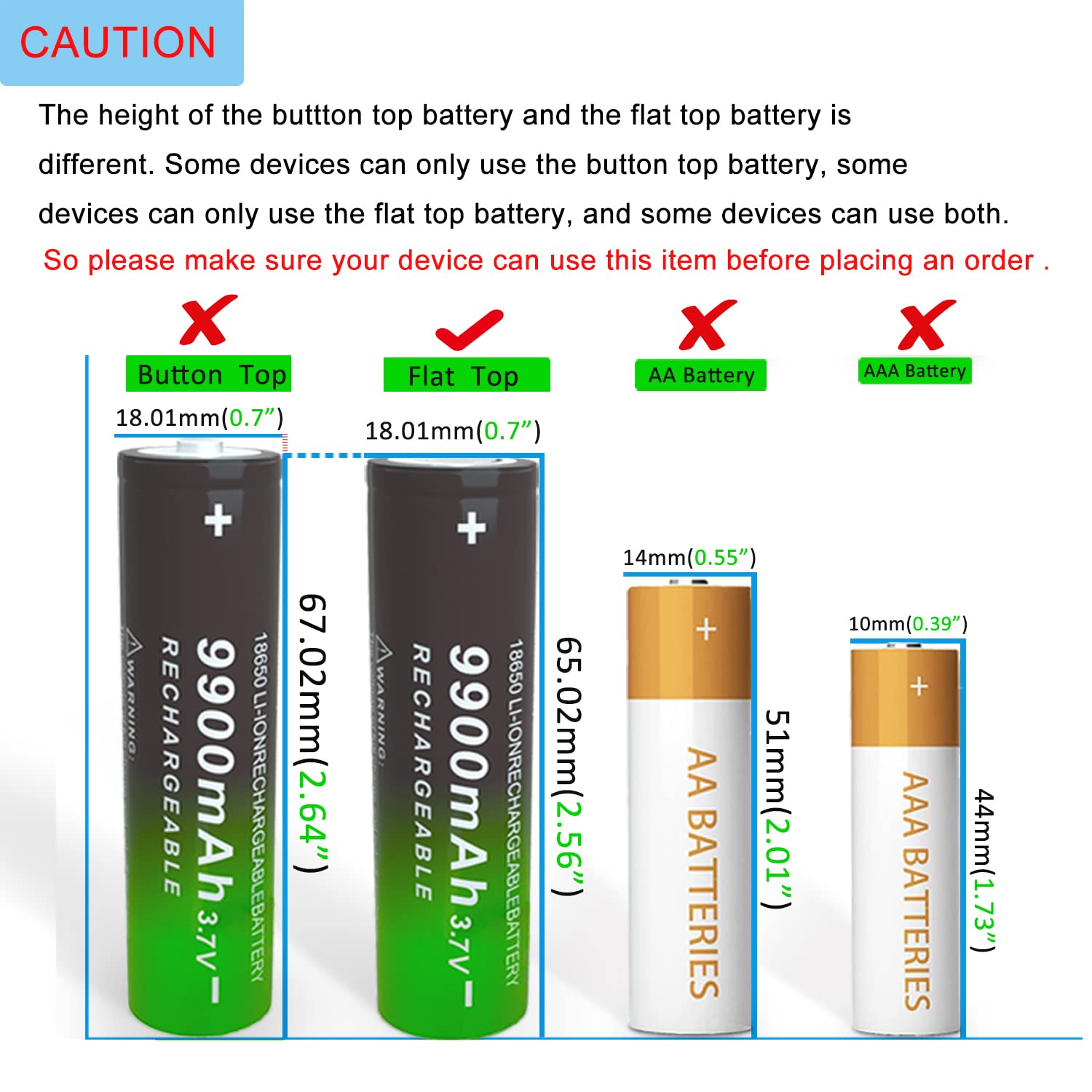 CWUU 18650 Rechargeable Battery 3.7Volts with Flat Top 9900mAh for Flashlight US Shipping(Flat Top, 8 Pack Green)