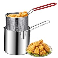 Deep Fryer Pot with Basket 2Pcs/Set 1.2L Handled Stainless Steel Chip Pan Uncoated Mirror Polished Brushed Pans with Lid for French Fries Fish Chicken ala