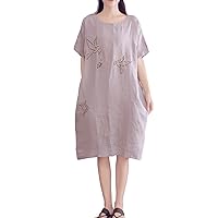 Women's Casual Summer Loose Embroidered Linen Cotton Midi Dresses