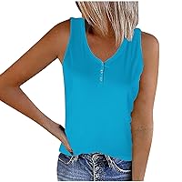 Basic Ribbed Tank Tops Women Button V Neck Sleeveless Stretch T-Shirts Summer Slim Casual Henley Shirt for Going Out