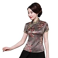 Cheongsam Shirt Short Sleeve Qipao Top Faux Silk Chinese Blouse