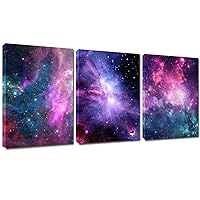 Lingula Outer Space Wall Art Posters - Framed for Modern Home Decoration 3 Pieces of Milky Way Painting Pictures Purple Universe Galaxy Canvas Prints Ready to Hang Decor Living Room Teens, 12x16 inch