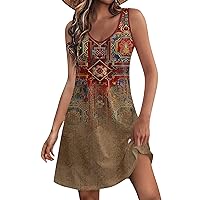 Womens Sundresses for Beach Vacation Floral Dress for Women 2024 Summer Vintage Casual Trendy Beach Slim Fit with Sleeveless V Neck Tank Dresses Light Brown Medium