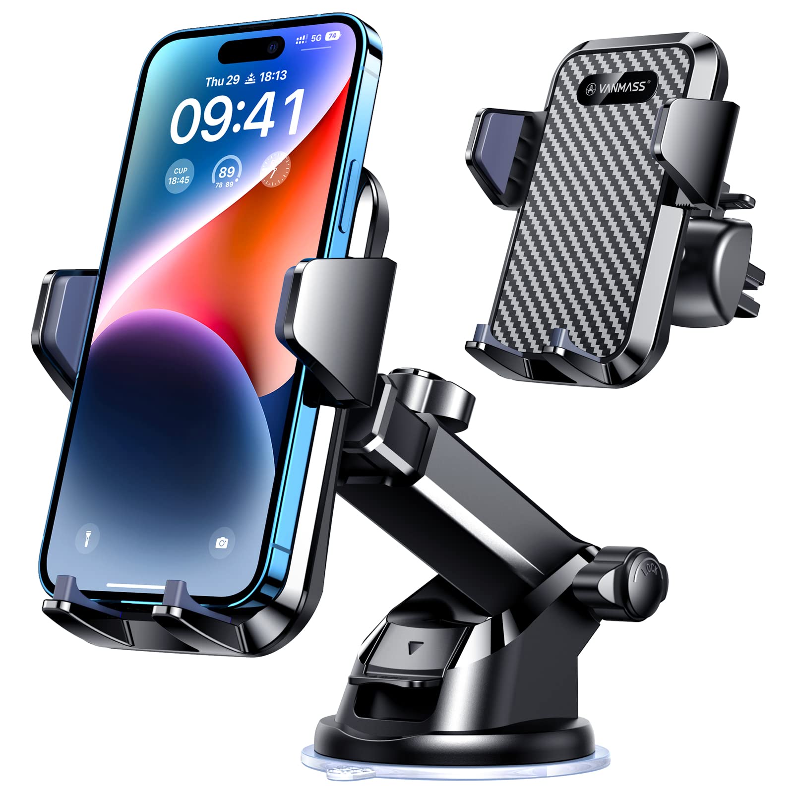 VANMASS Universal Car Phone Mount,【Patent & Safety Certs】 Upgraded Handsfree Stand, Phone Holder for Car Dashboard Windshield Vent, Compatible iPhone 14 13 12 Samsung Android & Pickup Truck