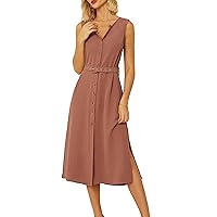 GRACE KARIN Women Casual Summer Dress 2024 Business Work Belted Sleeveless Button Down Shirt Dresses with Pockets
